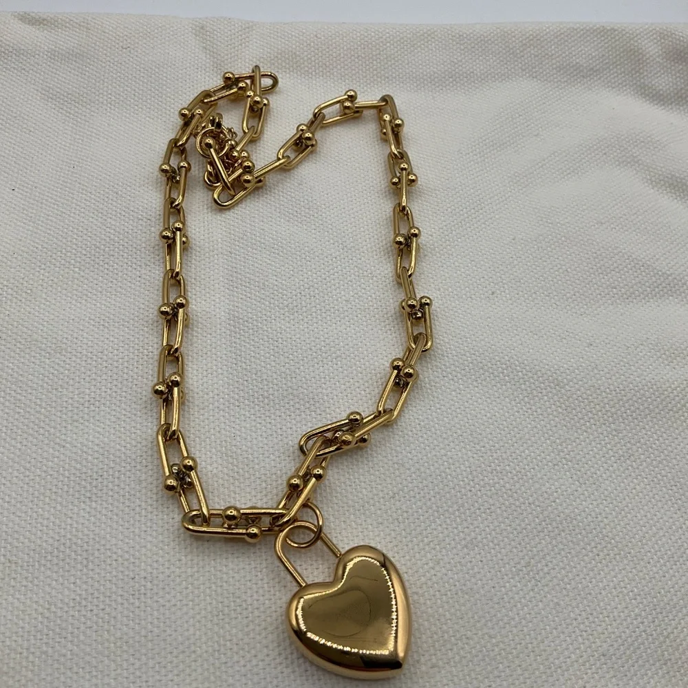 Gold Heart Padlock Link Necklace with Ball-Accented Chain